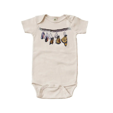 Organic Cotton Baby Bodysuit – Emerging Monarchs Design | Handmade in USA Spiritex | Sustainable Apparel  Graphic Snappies