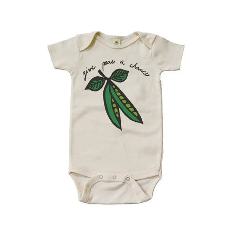 Organic Cotton Baby Bodysuit – Give Peas a Chance Graphic | Made in USA Spiritex | Sustainable Apparel  Graphic Snappies