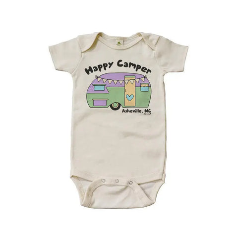 The Happy Camper Graphic Bodysuit by Spiritex | Sustainable Apparel features a cartoon camper and playful Happy Camper and Asheville, NC text in pastels on organic cotton—crafted with non-toxic dyes, perfect for sensitive baby skin.