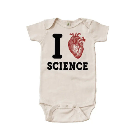 The I Heart Science Graphic Bodysuit by Spiritex | Sustainable Apparel features a heart graphic in place of love and SCIENCE text on beige organic cotton, offering a playful design thats gentle on sensitive skin.