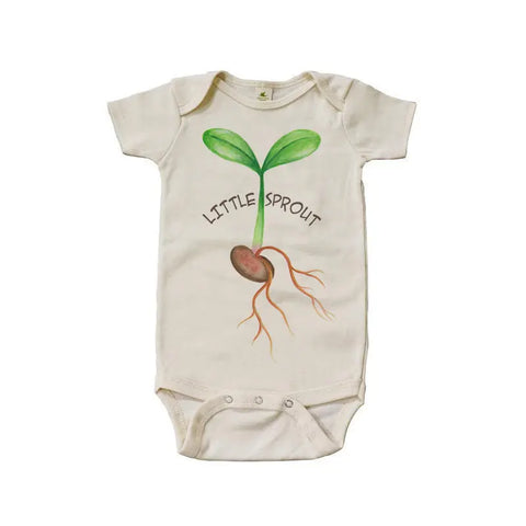 The Little Sprout Graphic Bodysuit by Spiritex | Sustainable Apparel is an organic cotton, cream-colored baby bodysuit for sensitive skin, with a sprouting seed print and LITTLE SPROUT above the roots, using non-toxic dyes.