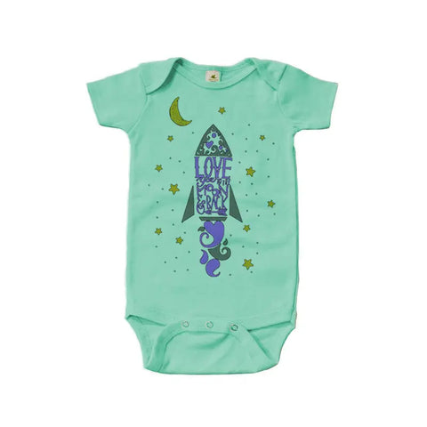 The Love You to the Moon Graphic Bodysuit by Spiritex | Sustainable Apparel is a mint green organic cotton baby bodysuit with non-toxic dyes and a rocket, moon, and stars graphic. The rocket reads Love You to the Sky, perfect for sensitive skin.