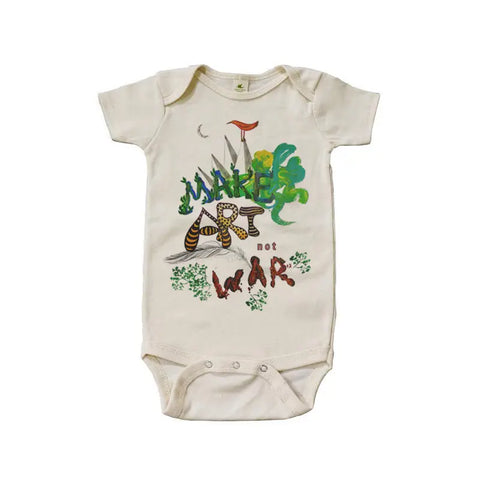 The Make Art Not War Graphic Bodysuit by Spiritex | Sustainable Apparel is an organic cotton, short sleeve snappie in cream, featuring playful multicolored text with animal, plant, moon, and bird designs—gentle on sensitive skin.