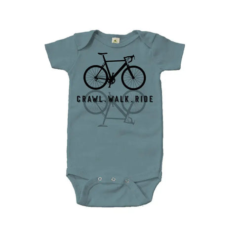The Spiritex | Sustainable Apparel Crawl Walk Ride Graphic Bodysuit is a blue organic cotton short sleeve snappie for sensitive skin, featuring a black bicycle and the words CRAWL. WALK. RIDE. on the front.