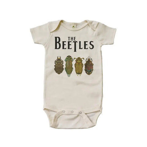 The Beetles Graphic Bodysuit by Spiritex | Sustainable Apparel is a cream organic cotton baby bodysuit with four beetles under “The Beetles” text—soft, gentle, and perfect for sensitive skin. Inspired by the iconic band name.