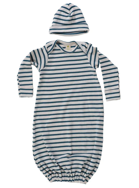 The Sweet Pea Set by Spiritex | Sustainable Apparel features a long-sleeved organic cotton baby gown with navy and white stripes, an elastic bottom for easy changes, and a matching hat—making it a perfect cozy newborn gift set.