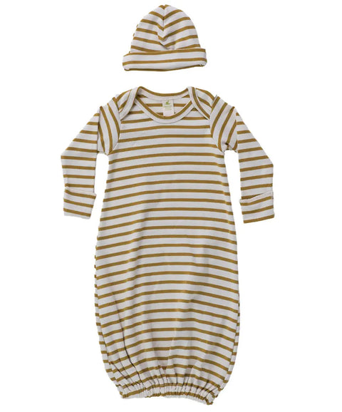The Spiritex Sweet Pea Set includes a mustard yellow and white striped organic cotton baby gown with an elastic bottom and matching beanie, making a cozy, easy-change newborn gift from Spiritex | Sustainable Apparel.