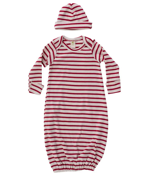 The Sweet Pea Set by Spiritex | Sustainable Apparel features a red and white striped organic cotton baby gown with elastic bottom and a matching hat—perfect as a cozy newborn gift set.