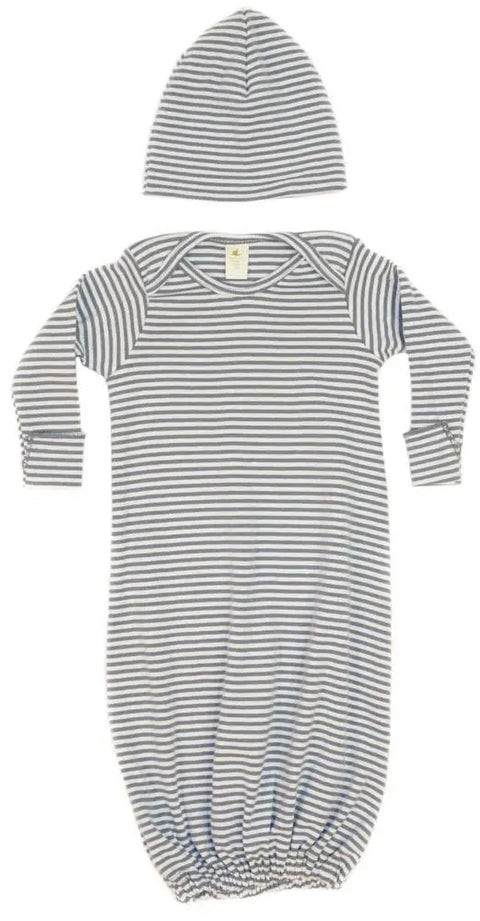 The Sweet Pea Set from Spiritex | Sustainable Apparel features a gray and white striped organic cotton baby gown with an elastic bottom and a matching hat—an easy-change set blending comfort and style.
