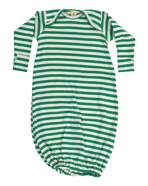 The Sweet Pea Set by Spiritex | Sustainable Apparel is a green and white striped organic cotton baby gown with an elastic hem and envelope neckline, shown laid flat on a white background.