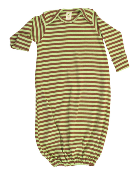 The Spiritex | Sustainable Apparel Sweet Pea Set is a long-sleeved infant gown with brown and light green stripes, made from organic cotton, featuring an elastic bottom and envelope neckline, shown laid flat on a white background.