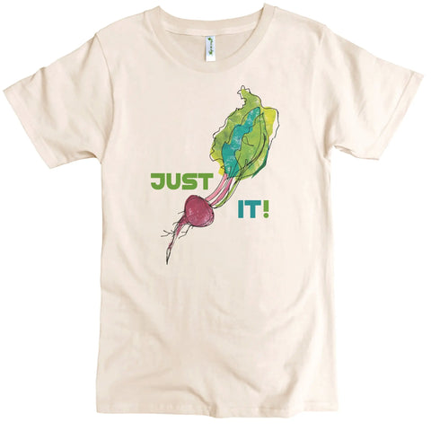 The Beet It Graphic Tee by Spiritex | Sustainable Apparel is a beige organic cotton crewneck with a vibrant beet illustration and green JUST BEET IT! text, where BEET is cleverly shown as the beet graphic.