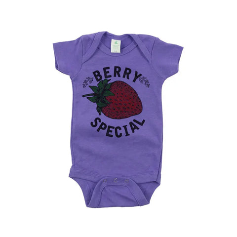 The Berry Special Graphic Bodysuit by Spiritex | Sustainable Apparel is a purple, organic cotton short sleeve snappie with a red strawberry and “Berry Special” graphic—gentle on sensitive skin for comfy, cute wear.