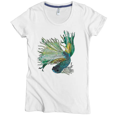 The Spiritex Beta Fish Graphic Tee is a women’s shirt made from organic cotton, featuring a vibrant green, blue, and yellow Beta Fish graphic with flowing fins on the front.
