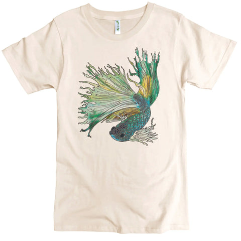 The Beta Fish Graphic Tee by Spiritex | Sustainable Apparel is a cream organic cotton crewneck featuring a detailed betta fish with green and yellow fins and a speckled blue body, printed on this classic, breathable t-shirt.