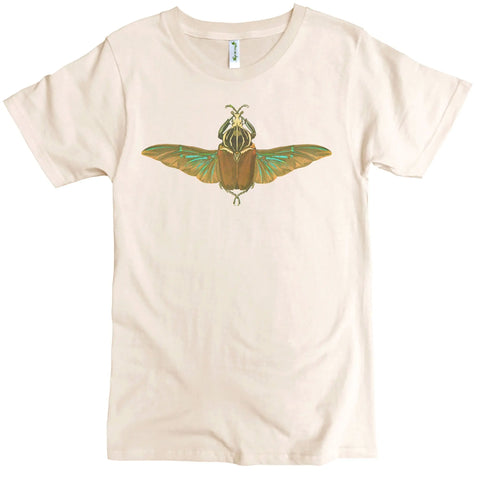 The Spiritex Big Bug Graphic Tee is a cream organic cotton crewneck with a bold brown and green beetle graphic, sustainably made.