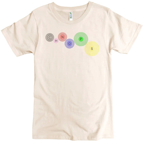 The CHNOPS Graphic Tee by Spiritex | Sustainable Apparel is a beige classic crewneck featuring colorful gray, pink, blue, green, and yellow circles across the chest with black letters spelling CHNOPS.