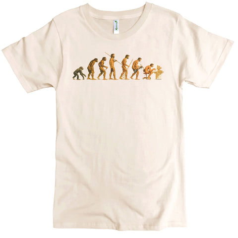 The Computer Evolution Graphic Tee by Spiritex | Sustainable Apparel is a beige organic cotton crewneck with an evolution graphic showing the journey from ape to human, finishing with a person at a computer desk.