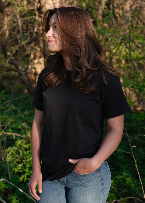 Organic Cotton Crew Neck T-Shirt 100% Sustainable Fabric – Black Loose Fit | Made in USA by Rowe Naturals Rowe Naturals  Organic Cotton Clothing