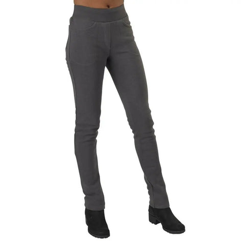 Wearing Spiritex | Sustainable Apparel’s Fleece Saratoga Pants in gray, paired with black heeled ankle boots, someone stands against a white background. Only the pants and boots are visible; the upper body is not shown.