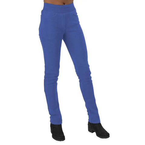 A person is shown from the torso down, wearing Spiritex | Sustainable Apparels blue Fleece Saratoga Pants and black boots against a white background. Their hands are not visible.
