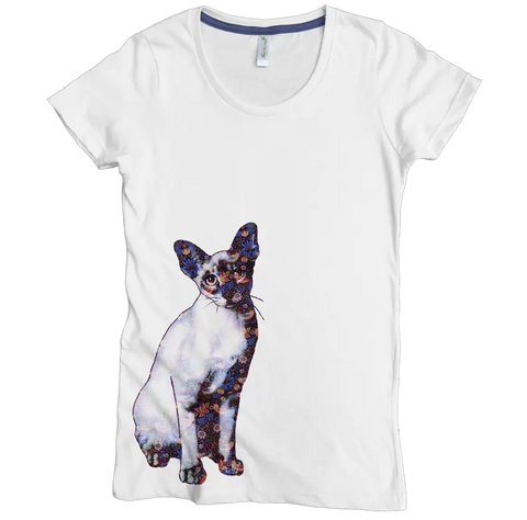 The Flower Cat Graphic Tee by Spiritex | Sustainable Apparel is a white fitted women’s T-shirt made from soft organic cotton, featuring a colorful abstract Siamese cat flower graphic on the lower left side.