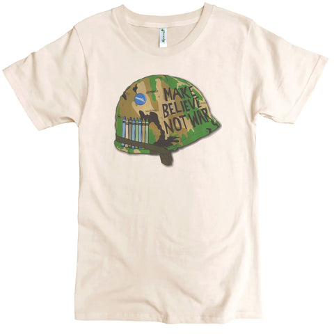 The Make Believe Graphic Tee by Spiritex | Sustainable Apparel is a beige mens organic cotton crewneck featuring a camouflage helmet with crayons and MAKE BELIEVE NOT WAR illustration.