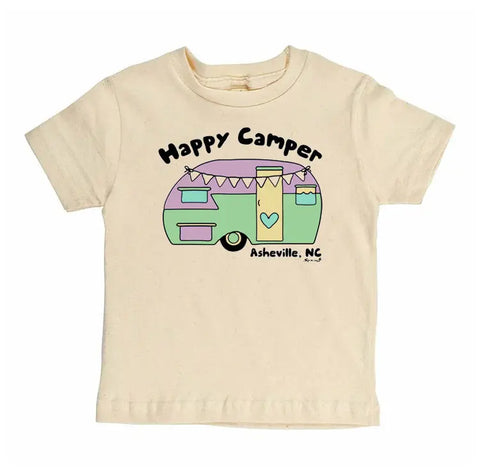 The Spiritex | Sustainable Apparel Happy Camper Graphic Tee is a beige organic cotton kids’ tee with a pastel camper van, bunting, heart, “Happy Camper” above and “Asheville, NC” below—perfect for sensitive skin.