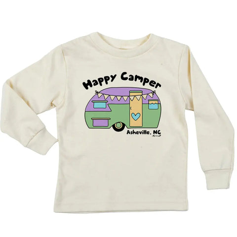 The Spiritex | Sustainable Apparel Happy Camper Long Sleeve Graphic Tee is a cream-colored youth shirt with a colorful camper graphic and Happy Camper Asheville, NC text, made from soft organic cotton for adventurous kids.
