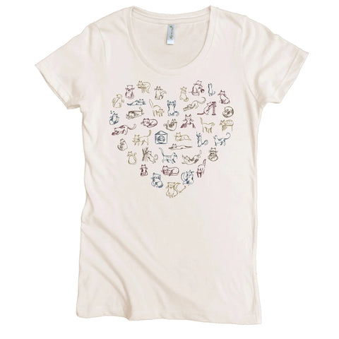 The Spiritex Heart Cat Graphic Tee (W) is a white women’s top made from 100% organic cotton, featuring a playful heart cat graphic of colorful line-drawn cats.