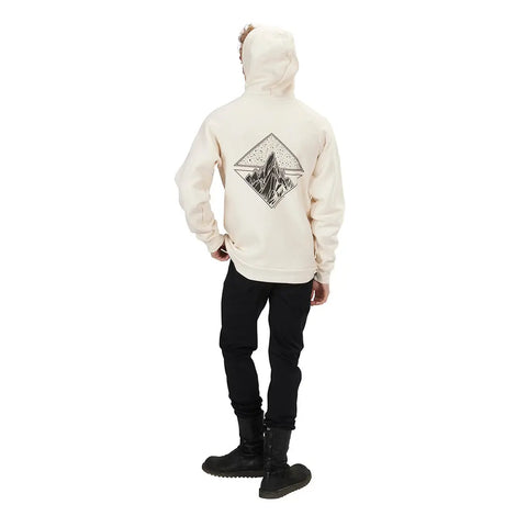 A person in the Spiritex Graphic Heavyweight Fleece Hoodie | Mountain Scape, paired with black pants and boots, stands against a white background facing away from the camera.