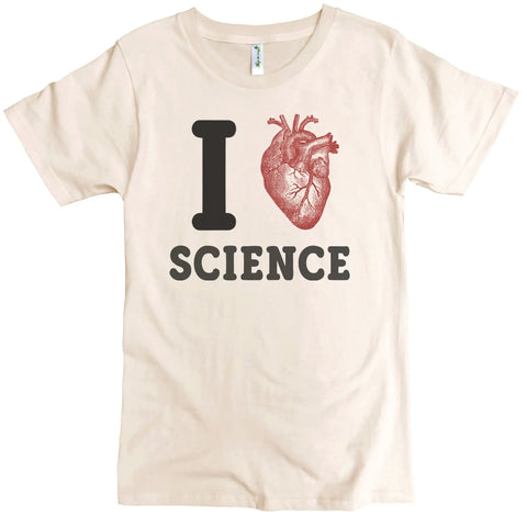 The Spiritex I Heart Science Graphic Tee (M) features a beige organic cotton shirt with an I [realistic heart image] SCIENCE design, combining comfort, eco-friendly style, and a unique anatomical heart graphic.