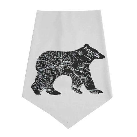 The Infinity Bandana by Spiritex | Sustainable Apparel is a white organic cotton bandana featuring Asheville’s street map inside a black bear silhouette. Eco-friendly and part of the Infinity Bandanas collection.