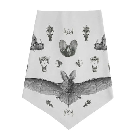 The Infinity Bandana by Spiritex | Sustainable Apparel is a white, eco-friendly accessory with symmetrical black bat head and skull illustrations, plus a large bat with outstretched wings at the bottom center.