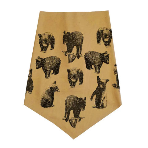 The Spiritex | Sustainable Apparel Infinity Bandana features a tan design with black sketch-style bears in playful poses, inspired by eco-friendly bandana charm.