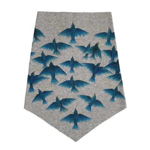A gray organic cotton Infinity Bandana from Spiritex | Sustainable Apparel, featuring a print of blue and black flying birds—an eco-friendly accessory.