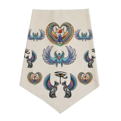 The Infinity Bandana by Spiritex | Sustainable Apparel is a beige organic cotton bandana with colorful Egyptian-inspired designs—scarab beetles, winged deities, black cats with wings, hearts, and Eye of Horus. Eco-friendly fashion.