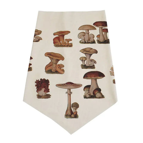 The Infinity Bandana by Spiritex | Sustainable Apparel is a cream-colored organic cotton accessory featuring detailed mushroom illustrations in a grid pattern for an eco-friendly, stylish look.