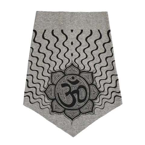 The Infinity Bandana from Spiritex | Sustainable Apparel is a grey organic cotton bandana with a black mandala design featuring the Om symbol at the center and wavy lines radiating outward—an eco-friendly accessory.