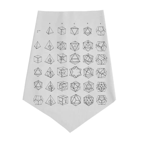 The Infinity Bandana by Spiritex | Sustainable Apparel is a white organic cotton bandana featuring a 5x5 grid of black geometric wireframe shapes—cubes, pyramids, and polyhedra—each labeled A–E and 1–5.