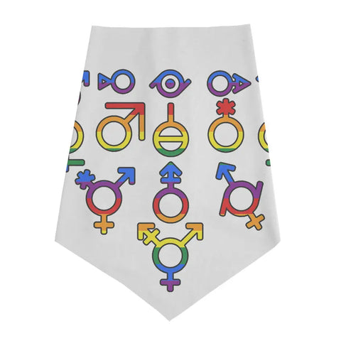 The Infinity Bandana by Spiritex | Sustainable Apparel is a white organic cotton accessory featuring rainbow-outlined gender symbols, celebrating diversity and inclusion in gender identities.