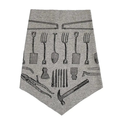 A gray fabric pennant features black illustrations of garden and hand tools, making it a perfect match for your Spiritex | Sustainable Apparel Infinity Bandana.