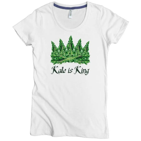 The Kale Is King Graphic Tee by Spiritex | Sustainable Apparel showcases a green kale leaf crown above “Kale is King” in black font. This fitted women’s shirt is made from soft, organic cotton for comfort and eco-friendly style.