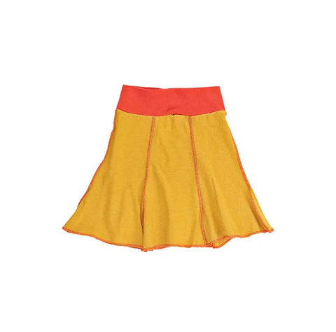 The Short Seamed Flare Skirt by Spiritex | Sustainable Apparel is a yellow, 100% organic cotton skirt with red stitching and a wide red waistband. Grown & sewn in the USA for comfort; shown on a white background.