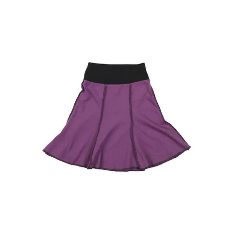 The Short Seamed Flare Skirt by Spiritex | Sustainable Apparel is a purple, organic cotton childrens skirt with black stitching and a wide black waistband, shown flat on white. Made in the USA from 100% organic cotton.