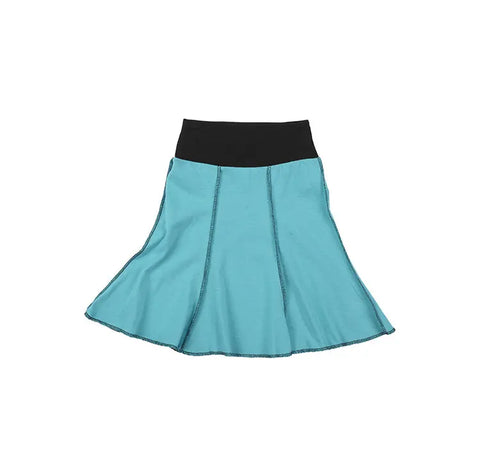 The Spiritex Short Seamed Flare Skirt is made from 100% organic cotton in the USA, with black vertical seams and a wide black waistband. Shown on a white background.