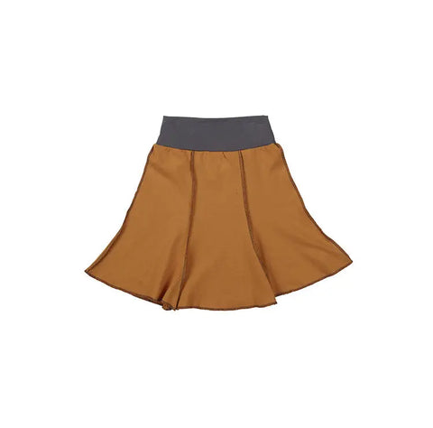 The Spiritex Short Seamed Flare Skirt is a brown children’s skirt made from 100% organic cotton with a wide, dark gray elastic waistband. Grown and sewn in the USA by Spiritex | Sustainable Apparel. Displayed on a white background.