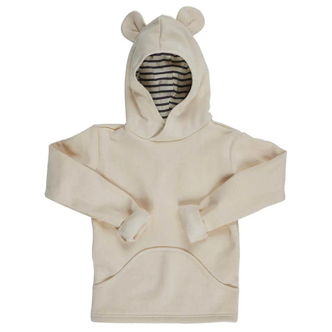 The Fleece Pullover Hoodie | Polar Bear by Spiritex | Sustainable Apparel is a cream-colored kids’ organic cotton hoodie featuring a front pocket, striped hood lining, and cute bear ears—perfect for playful adventures.