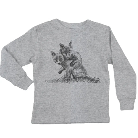 The Fox Kits Long Sleeve Graphic Tee by Spiritex | Sustainable Apparel is a gray organic cotton kids shirt featuring a black sketch of two playful foxes, offering everyday comfort and softness for sensitive skin.