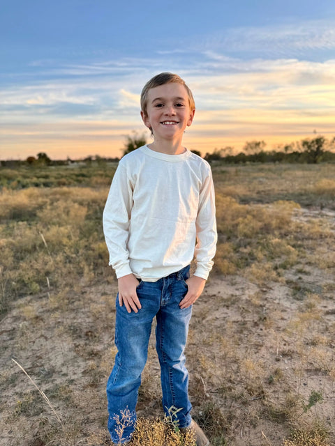 Organic Cotton Kids Long Sleeve Shirt – Natural Undyed Crew Neck Tee | Made in USA by Rowe Naturals Rowe Naturals  Organic Cotton Clothing